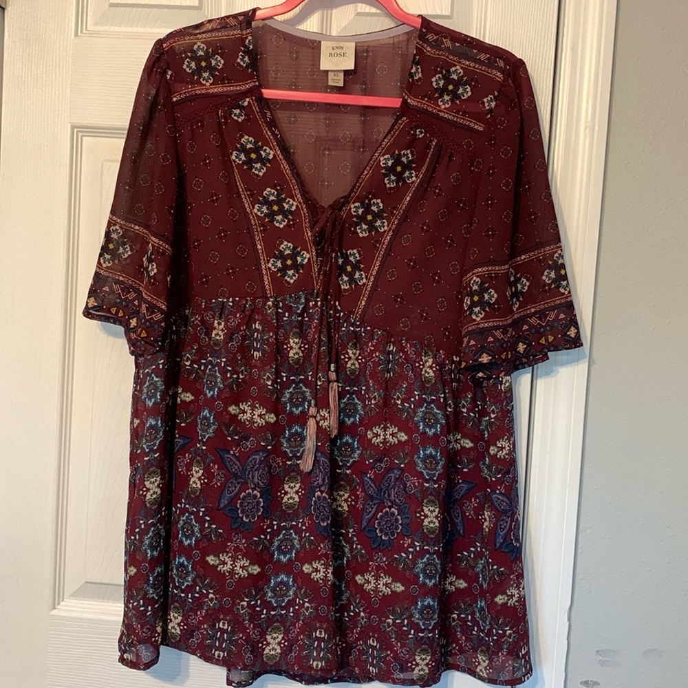 Knox Rose Burgundy and Blue Floral Blouse